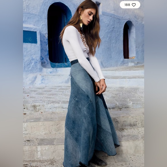 Free People, Still Into You, Denim Maxi Patchwork Skirt